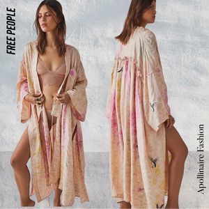 FREE PEOPLE INTIMATELY ALL NIGHT BUTTERFLY EMBROIDERED ROBE NWT MEDIUM PINKCOMBO